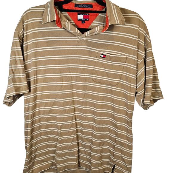 Vintage 90's Tommy Hilfiger Striped Polo Shirt Brown Tan Logo Size Large Y2K - Picture 1 of 4